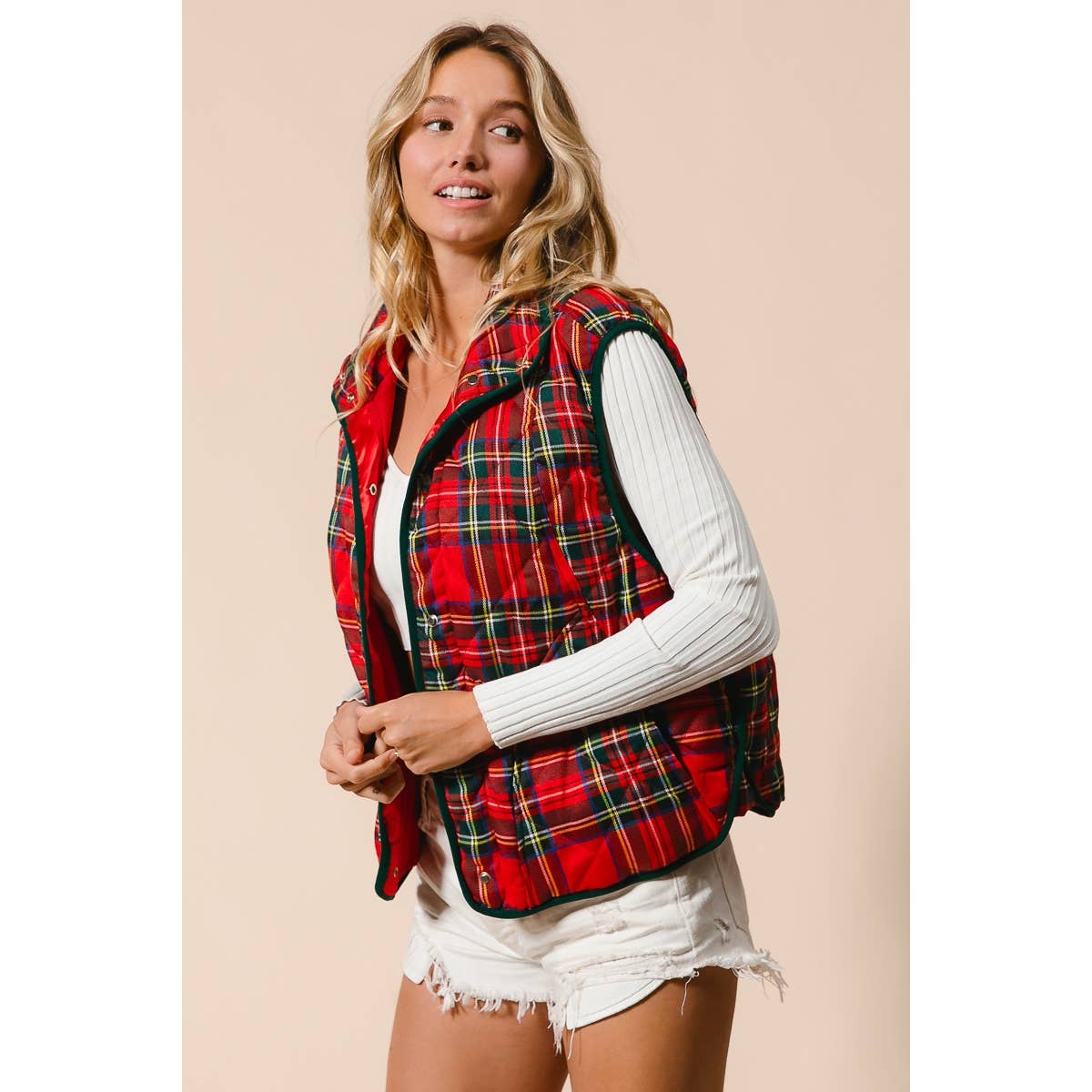 BiBi Vintage Christmas Puff Plaid Quilted Vest