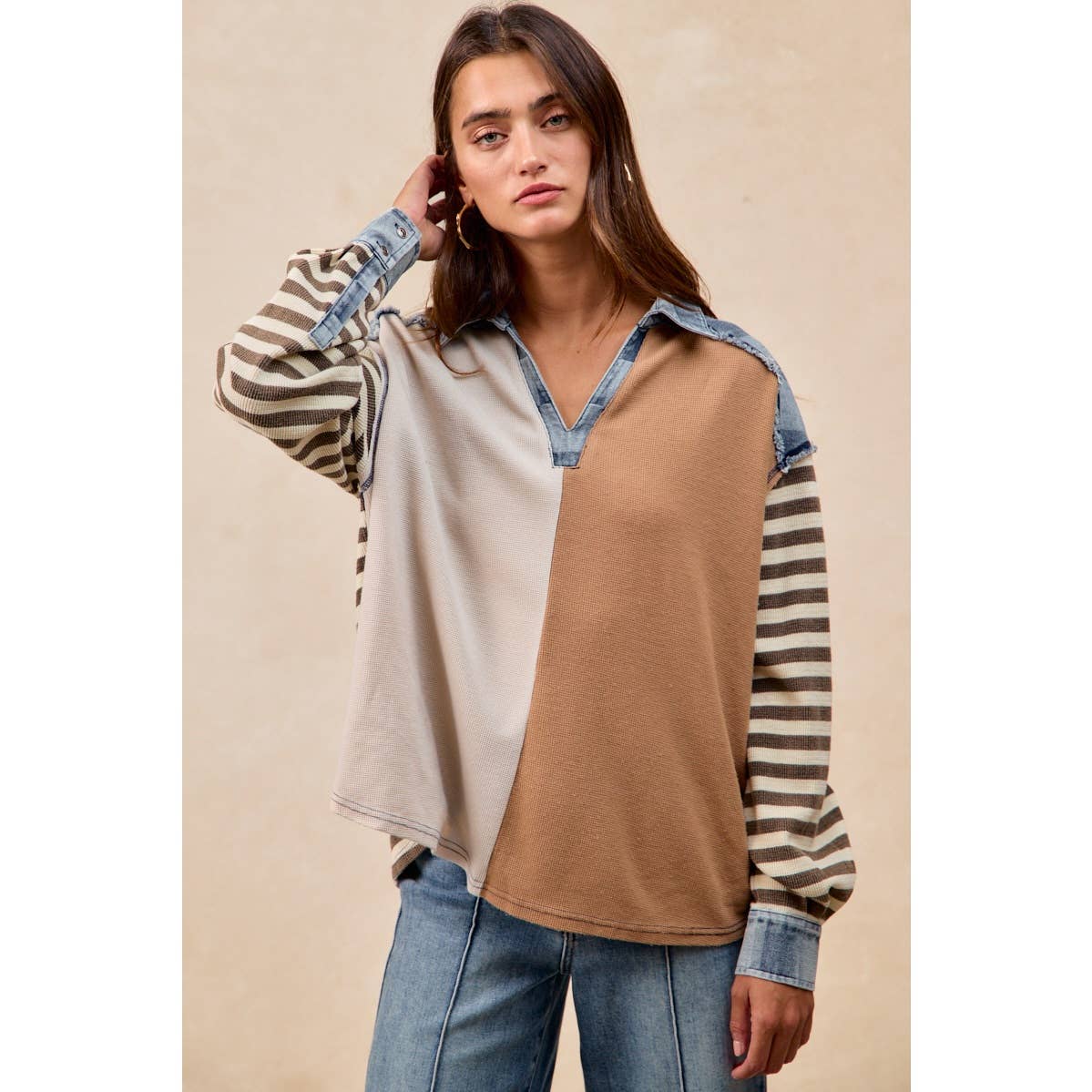 CUT EDGE CHECKER DENIM WAFFLE MIX AND MATCH TOP