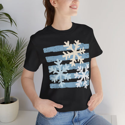 Winter Snowflakes Graphic Tee — Blue Striped Holiday T-Shirt