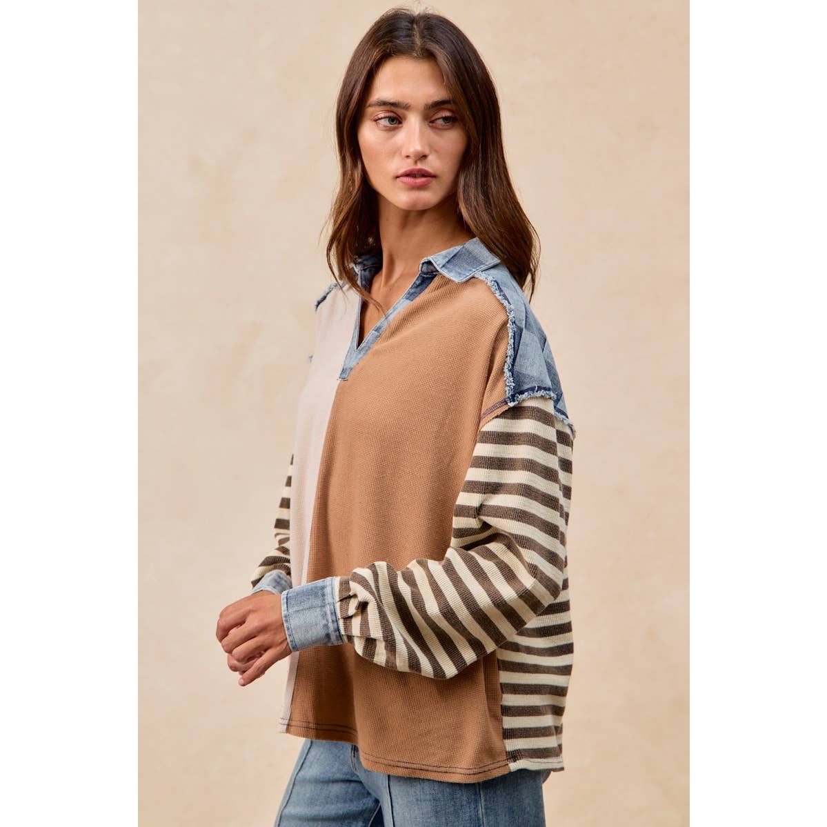 CUT EDGE CHECKER DENIM WAFFLE MIX AND MATCH TOP