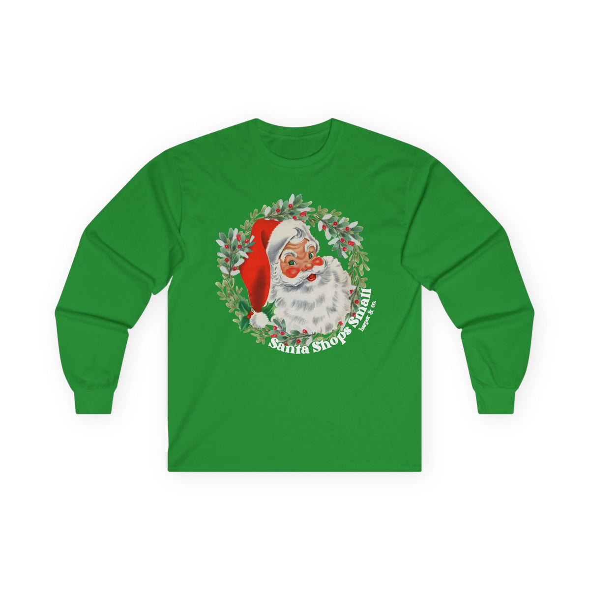 Vintage Santa Wreath Long Sleeve Tee — "Santa Shops Small" Christmas Shirt