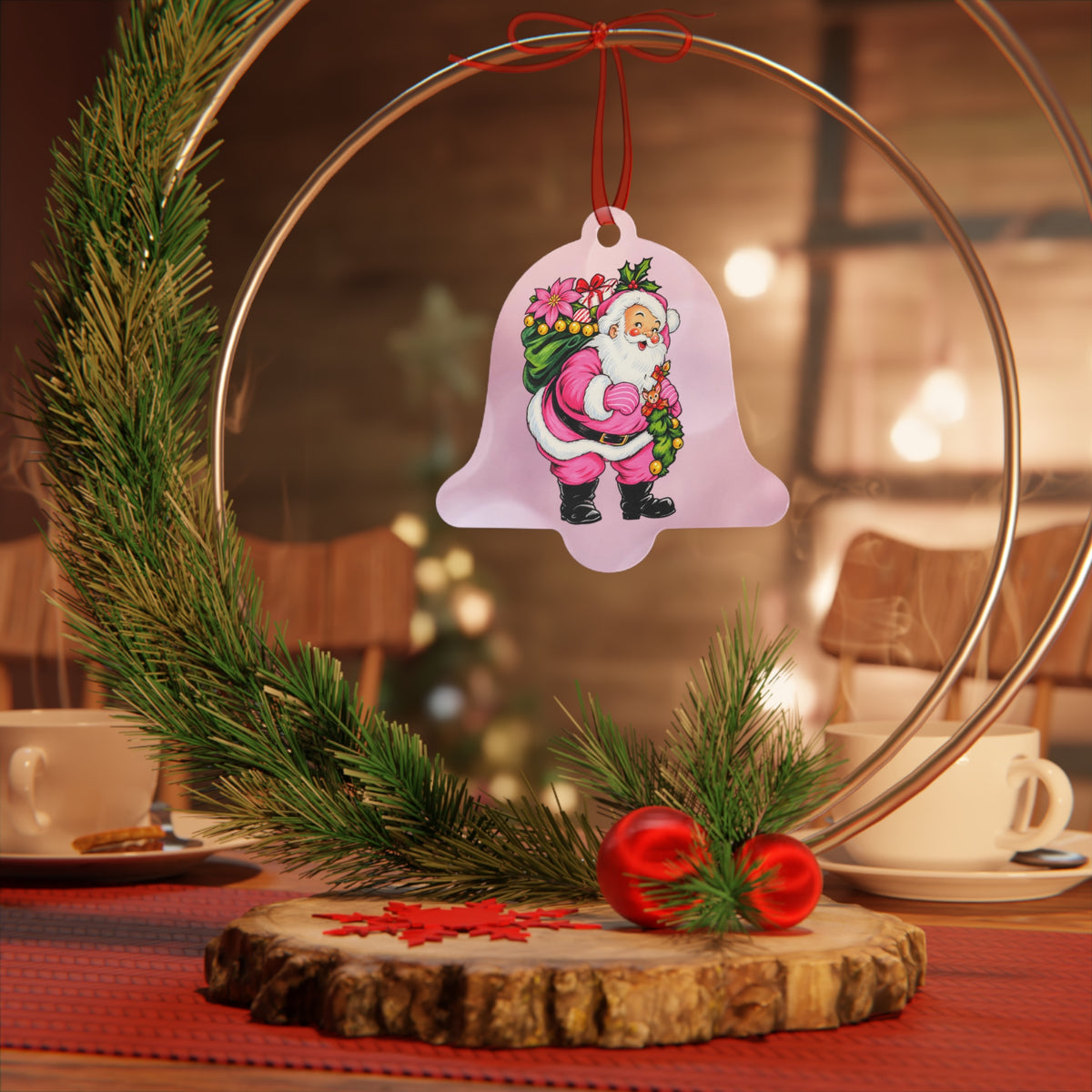Pink Santa Christmas Metal Ornament
