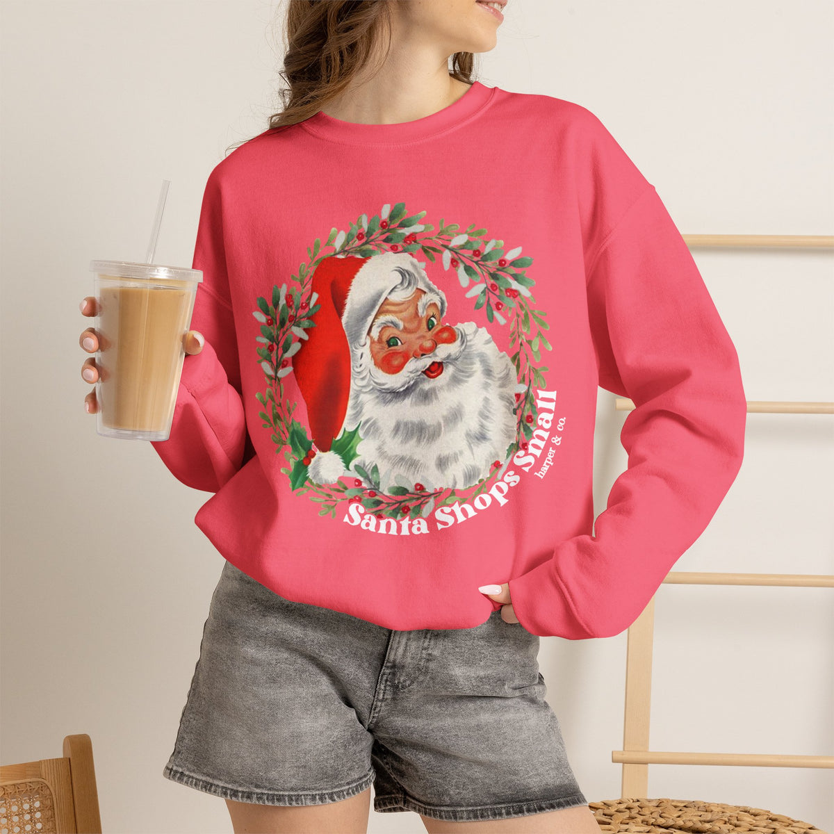 Santa Shops Here Sweatshirt — Vintage Santa Wreath Christmas Heavy Weight Crewneck