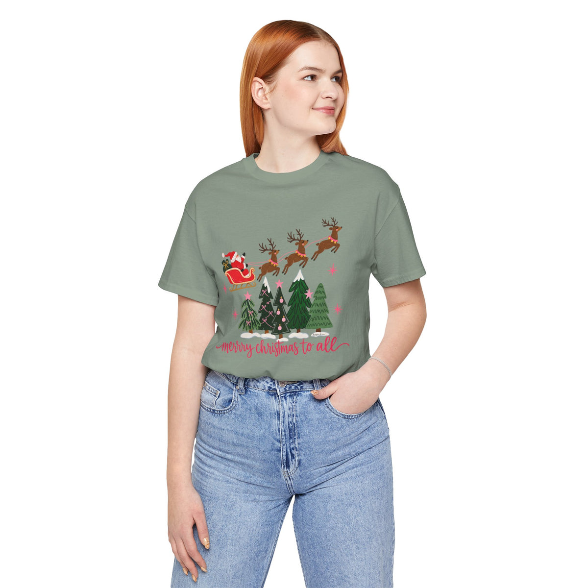 Christmas Tee - 'Merry Christmas to All' Santa Sleigh & Reindeer Holiday T-Shirt