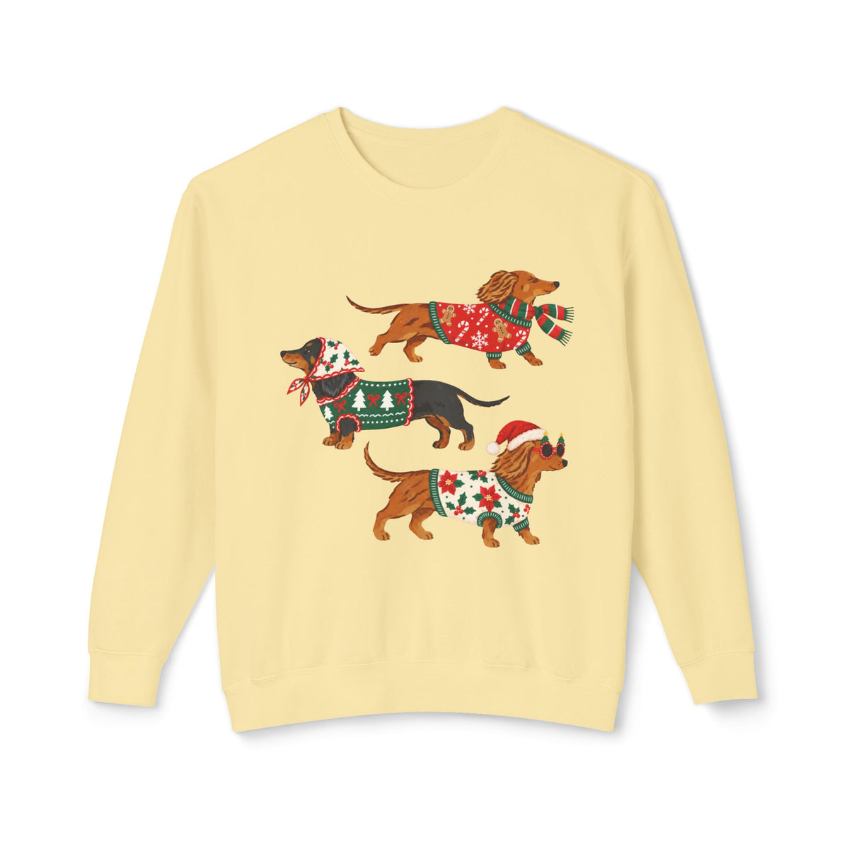 Dachshund Trio Christmas Sweatshirt — Festive Wiener Dogs in Holiday Sweaters