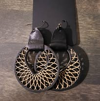 Wooden and Leather Handmade Earrings Black and Gold