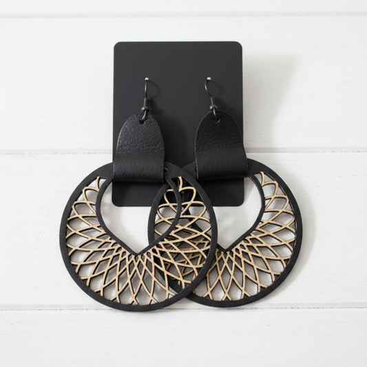 Wooden and Leather Handmade Earrings Black and Gold