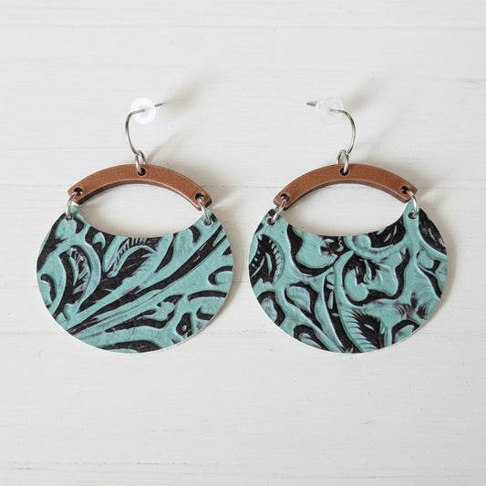 Western Faux Embossed Leather and Wood Handmade Earrings