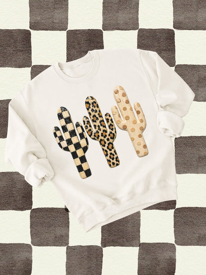 Western Retro Checkered Cactus Graphic Crewneck Sweatshirt