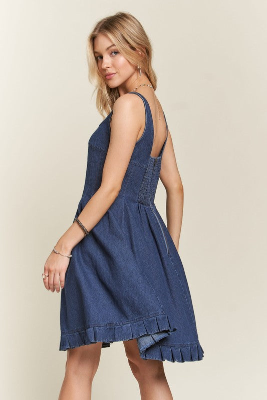 ADORA Smocked Back Square Neck Denim Dress