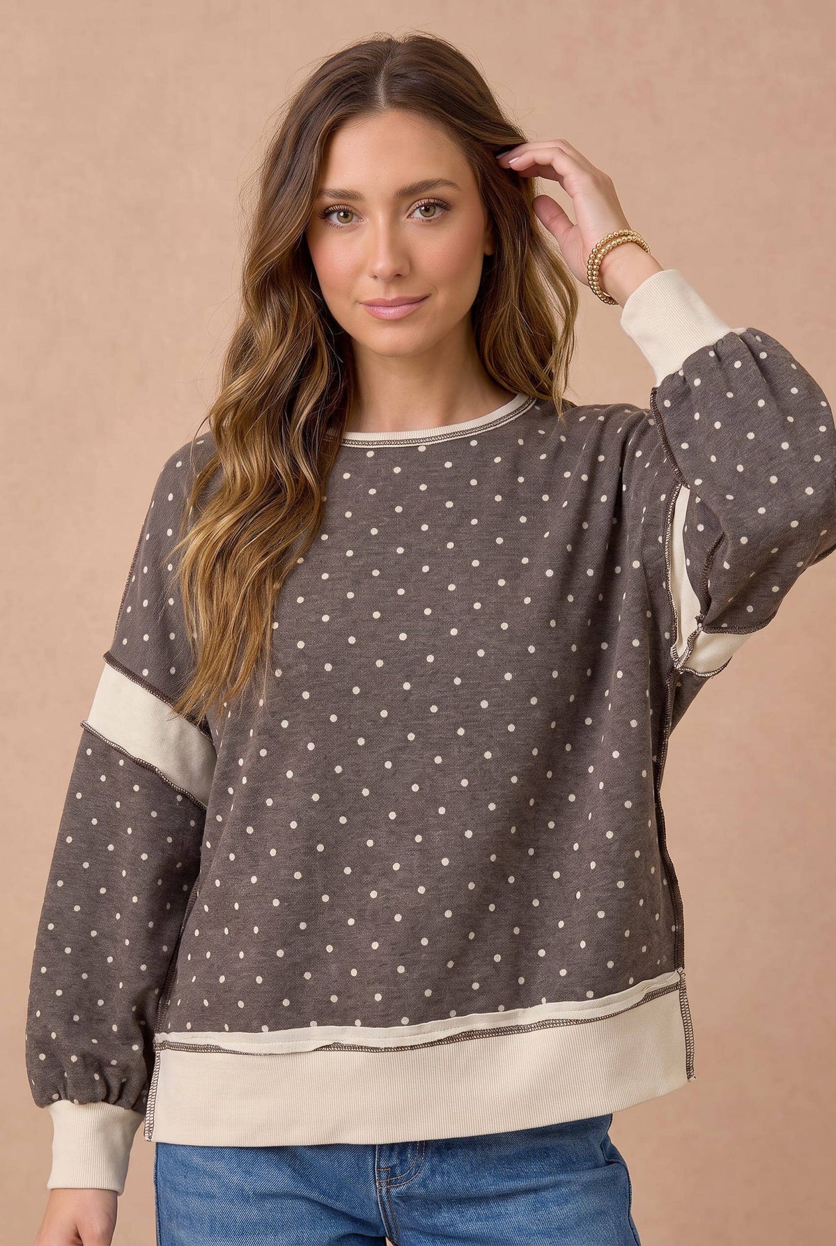 Polka Dot Color-block Cutout Back Full Size Pullover