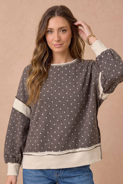 Polka Dot Color-block Cutout Back Full Size Pullover
