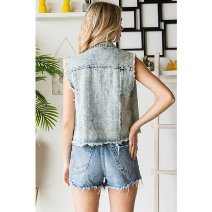 Rhinestone Color Black Wash Denim Vest