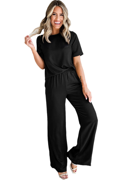 Black Solid Color T Shirt 2pcs Wide Leg Pants Set