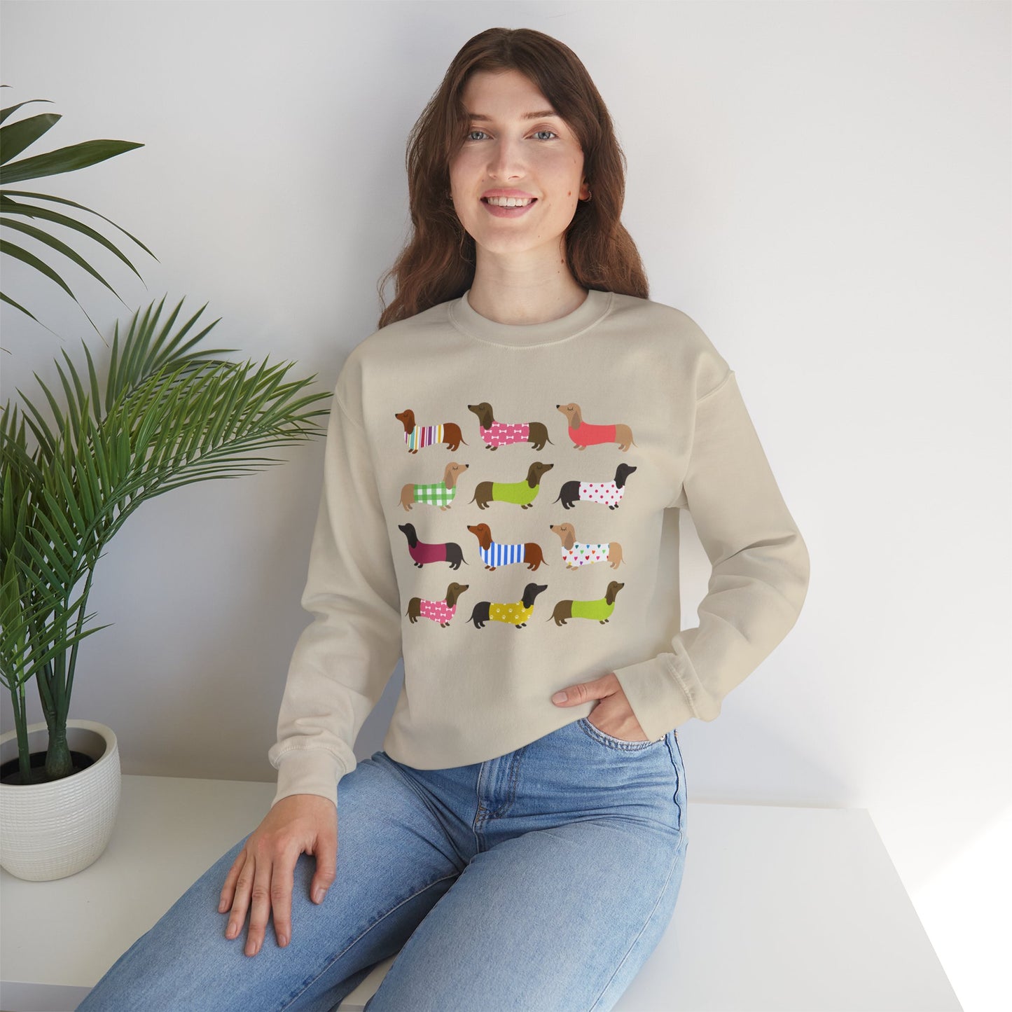 Colorful Dachshund Crewneck Sweatshirt — Vibrant Wiener Dog Design