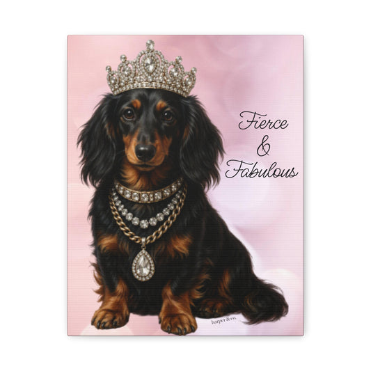 Dachshund Princess Canvas Wall Art — Crowned Sausage Dog Portrait on Pink