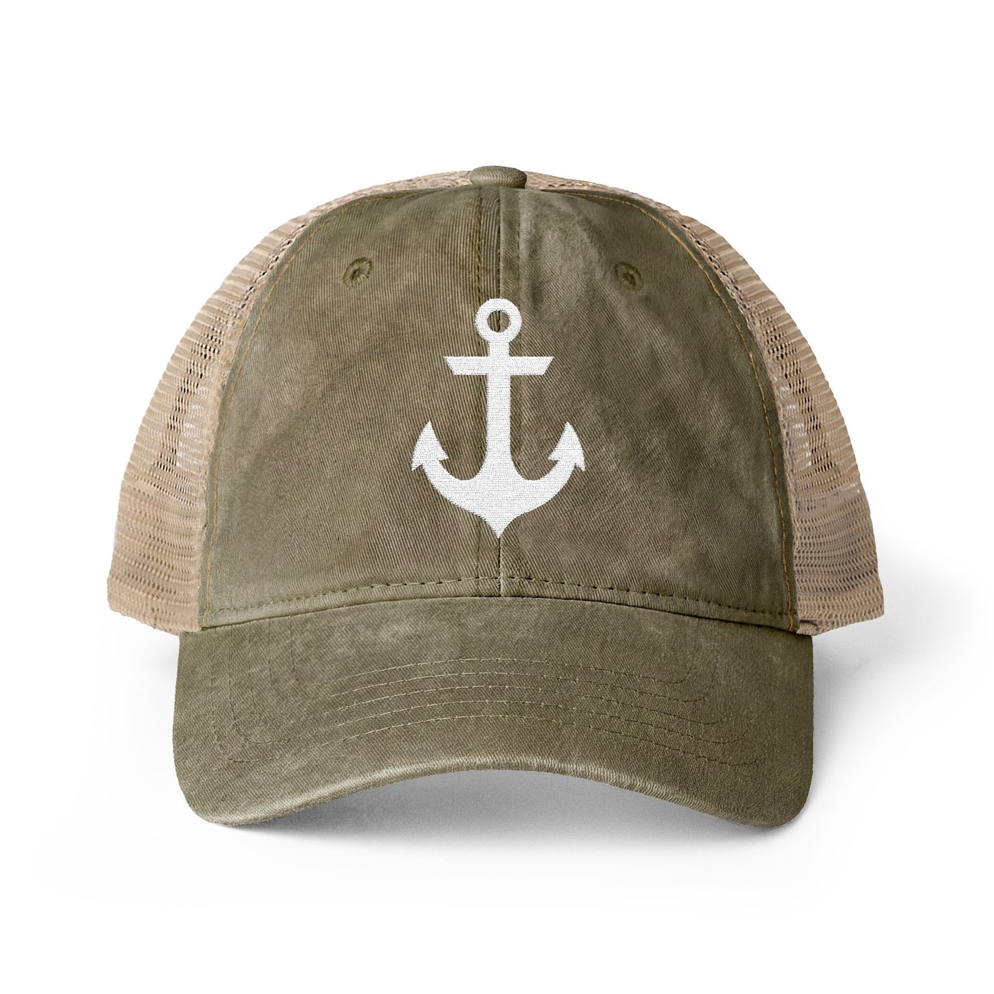 White Anchor Embroidered Women's Washed Mesh-Back Ball Cap