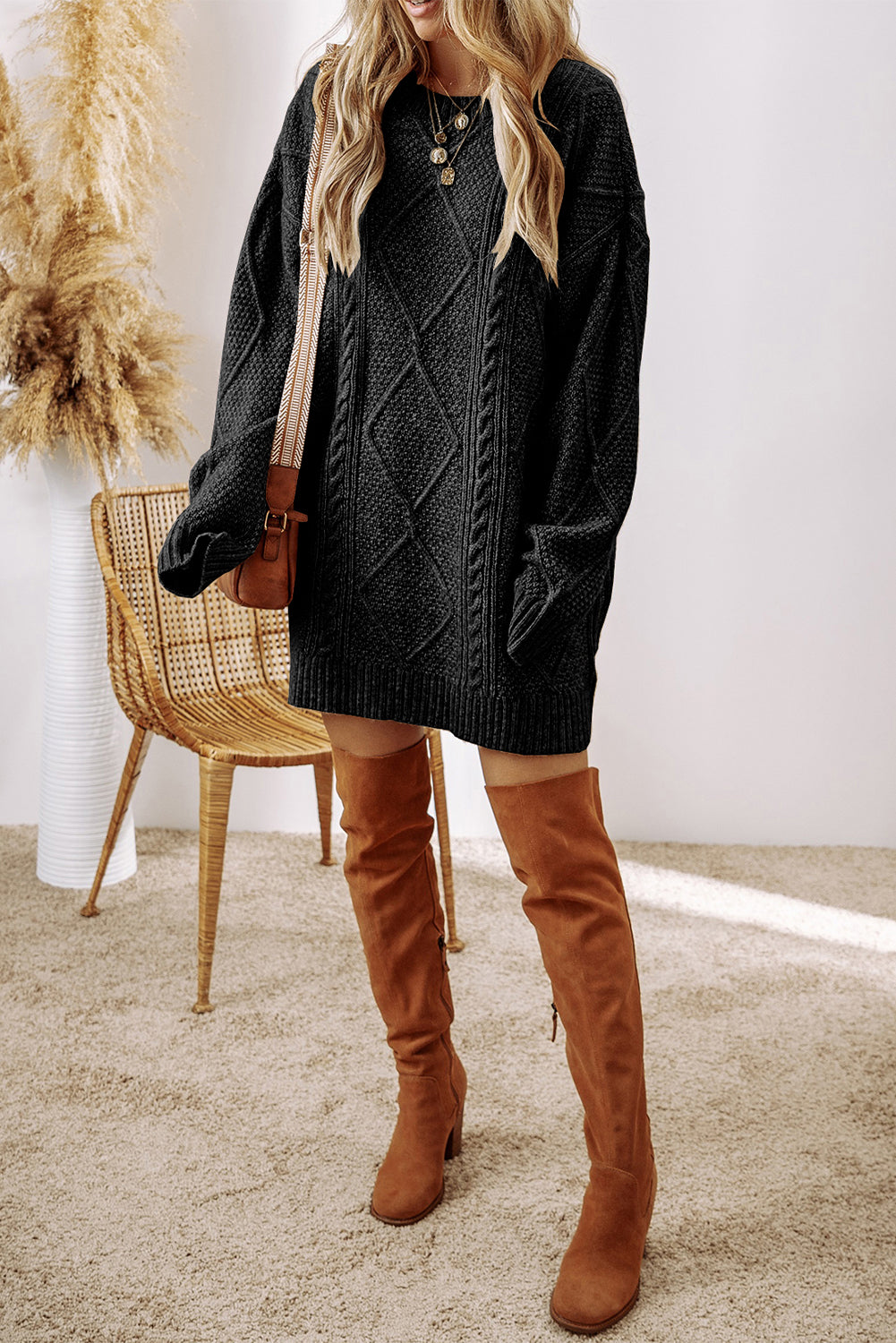 chinese dress ladies Black Cable Knit Drop Shoulder Loose Fit Sweater Dress – Harper & Co
