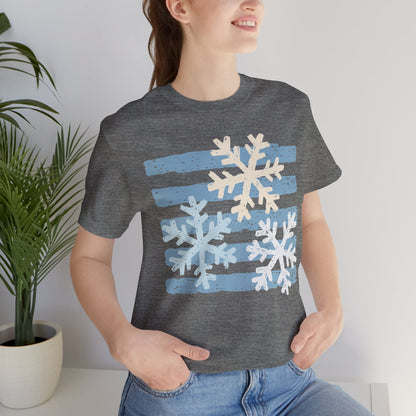 Winter Snowflakes Graphic Tee — Blue Striped Holiday T-Shirt