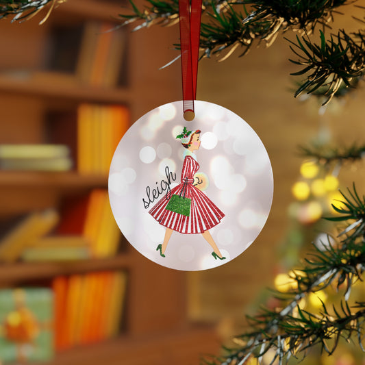 Sleigh Metal Ornament – Holiday Fashionista in Red Dress
