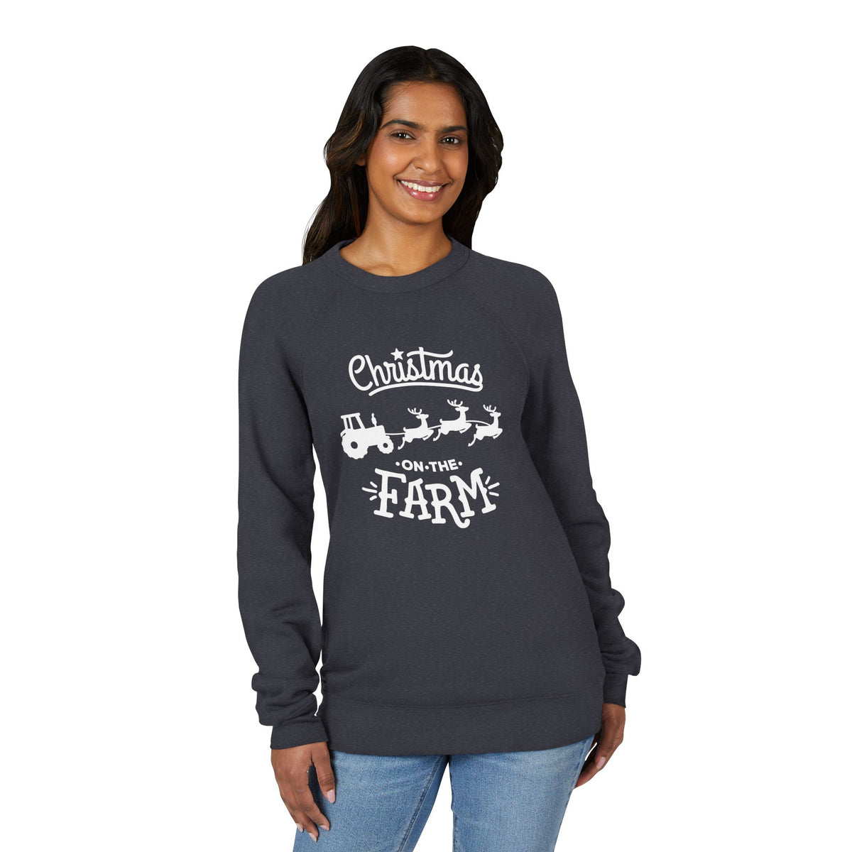 Christmas on the Farm Sweatshirt — Tractor & Reindeer Holiday Crewneck
