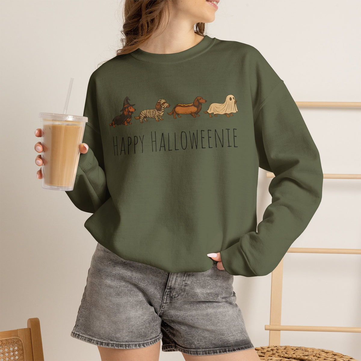 Halloween Dachshund Sweatshirt — "Happy Halloweenie" Cute Halloween Dog Crewneck