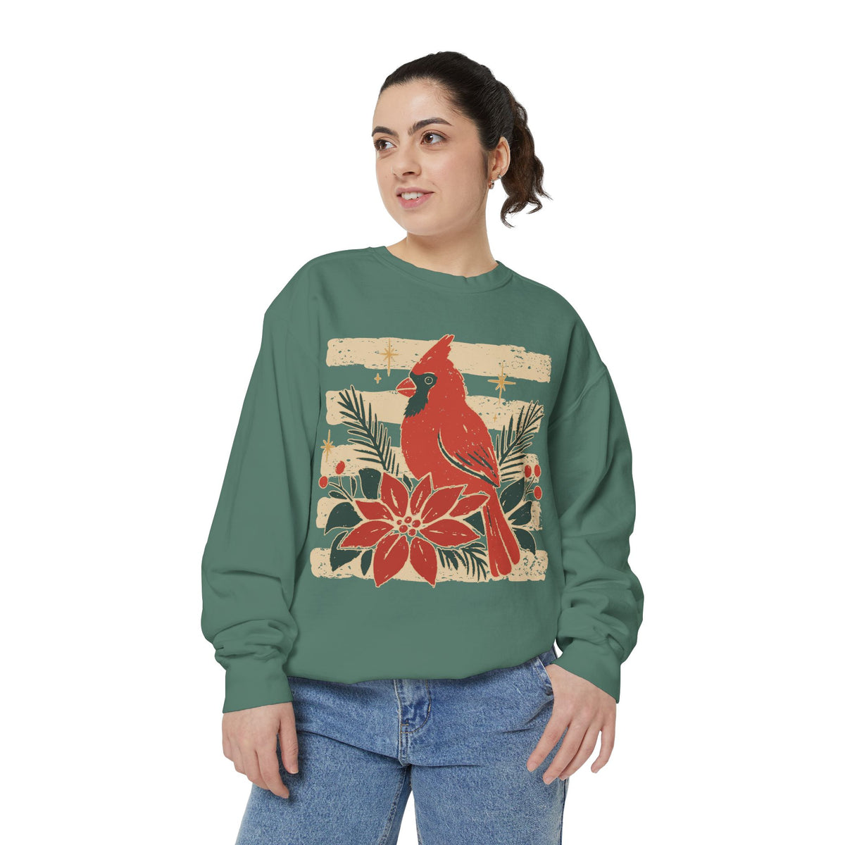 Cardinal & Poinsettia Sweatshirt — Festive Holiday Crewneck