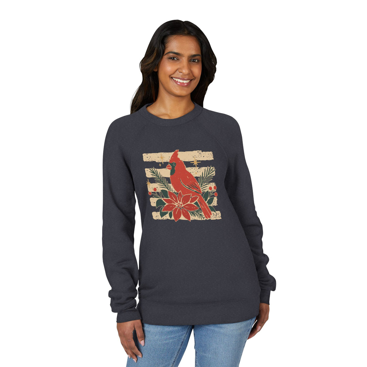 Cardinal & Poinsettia Sweatshirt - Vintage Holiday Bird Crewneck