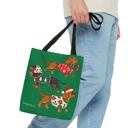 Holiday Dachshund Tote Bag — Christmas Dogs in Festive Sweaters AOP
