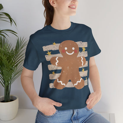 Gingerbread Smile T-Shirt — Retro Striped Christmas Cookie Tee