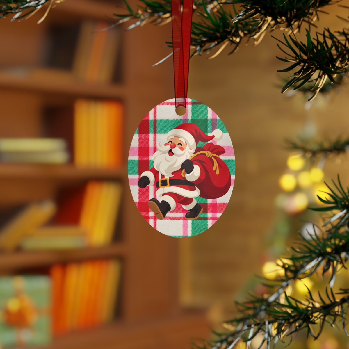Jingle Bells Plaid Christmas Metal Ornament