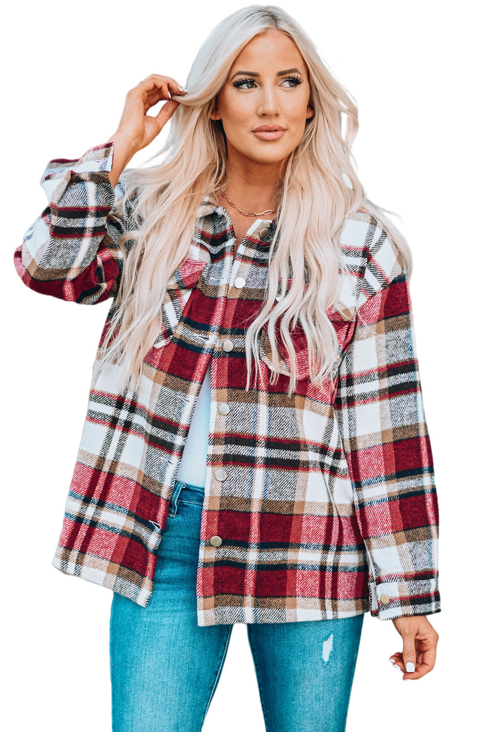 Fiery Red Geometric Plaid Print Pocketed Shacket