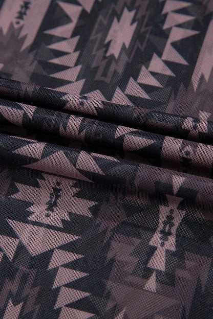 Aztec Print Mock Neck Short Sleeve Mesh T Shirt