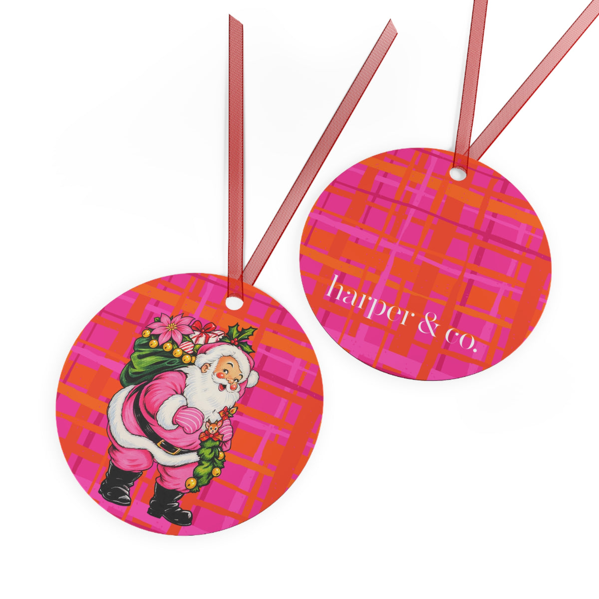 Jingle Bells Pink Plaid Metal Ornament