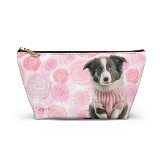 Border Collie & Pink Roses Accessory Pouch w T-bottom
