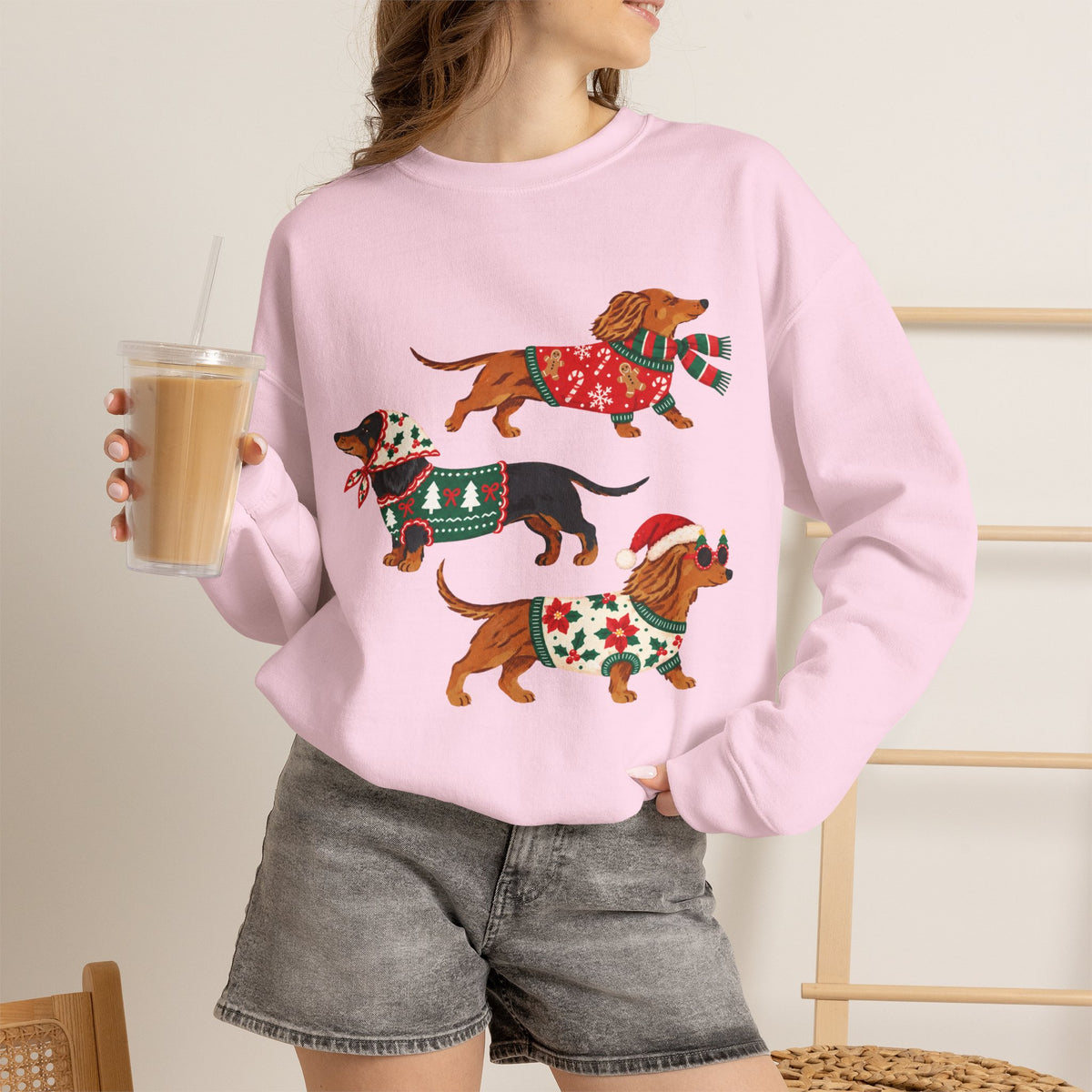 Dachshund Trio Christmas Sweatshirt – Festive Wiener Dogs in Holiday Sweaters