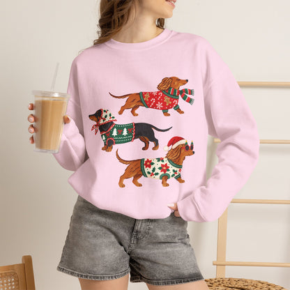 Dachshund Trio Christmas Sweatshirt – Festive Wiener Dogs in Holiday Sweaters