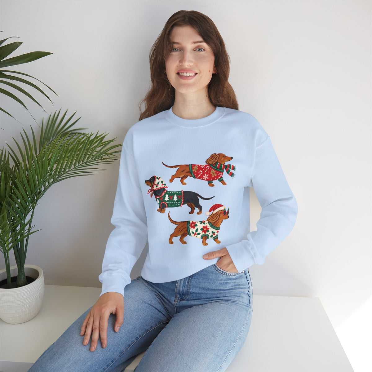 Dachshund Trio Christmas Sweatshirt – Festive Wiener Dogs in Holiday Sweaters
