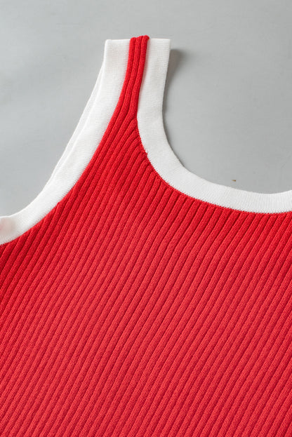 Colorblock Edge Ribbed Knit U Neck Tank Top in Fiery Red