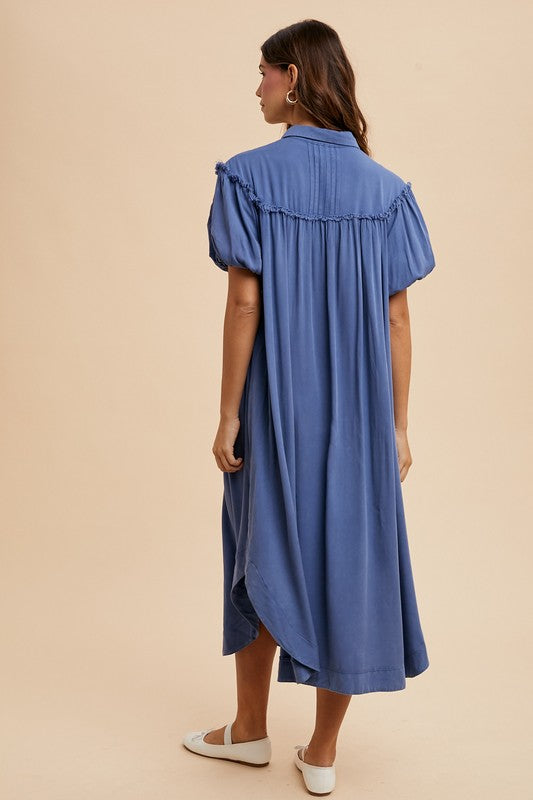 Annie Wear Mineral Washed Button Down Puff Sleeve Shirt Dress