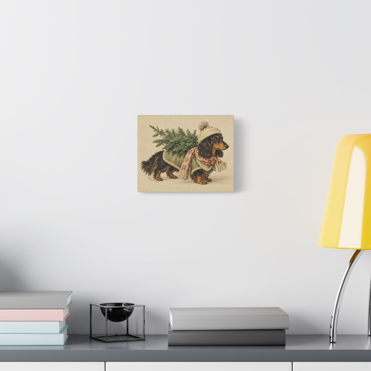 Christmas Dachshund Carrying Tree Canvas Wall Art