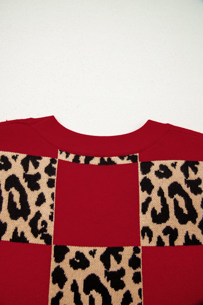 Red Plus Size Leopard Contrasted Checkered Short Sleeve Sweater