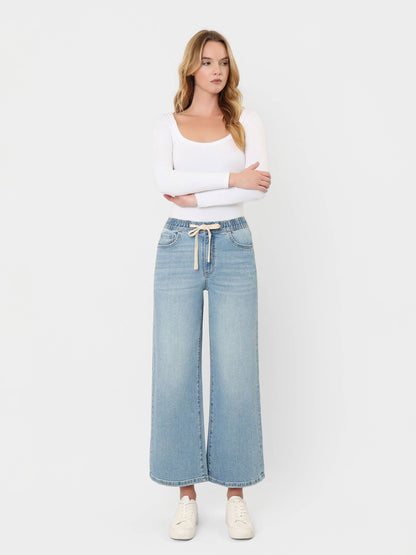 Loveret Super High Rise Full Size Elastic Waist Crop Wide Leg Jeans