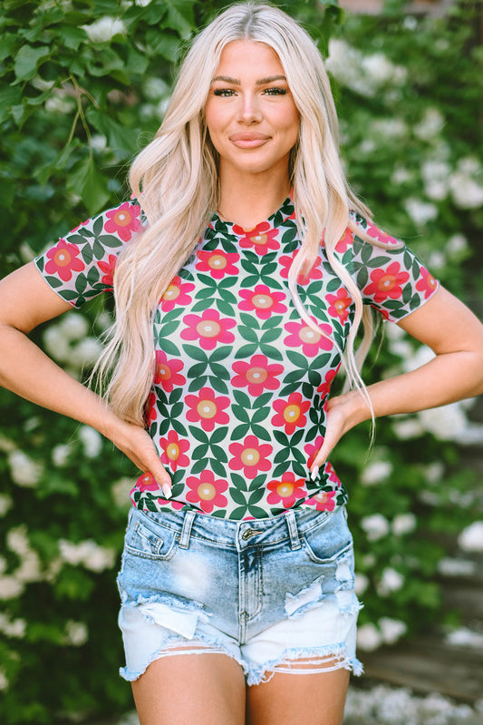 Fiery Red Retro Floral Print Crew Neck Mesh T Shirt