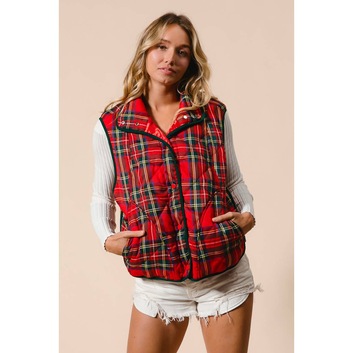 BiBi Vintage Christmas Puff Plaid Quilted Vest