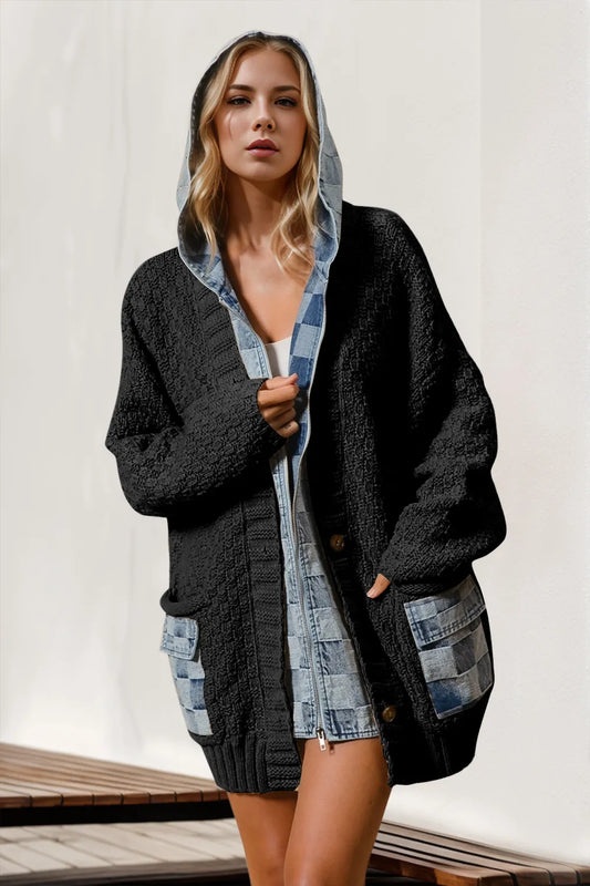 Double Take Full Size Hooded Checkered Denim Spliced Sweater Cardigan Jacket - Multiple Colors