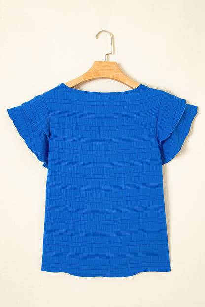 Dark Blue Textured Ruffled Sleeve Round Neck Top