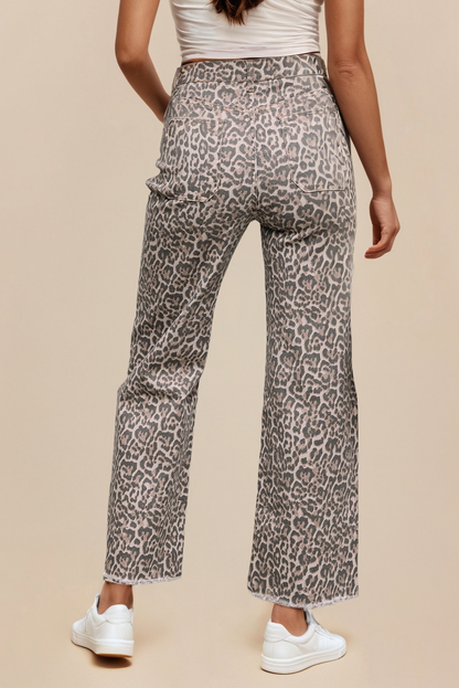 Leopard Frayed Edge Wide Leg High Waist Jeans