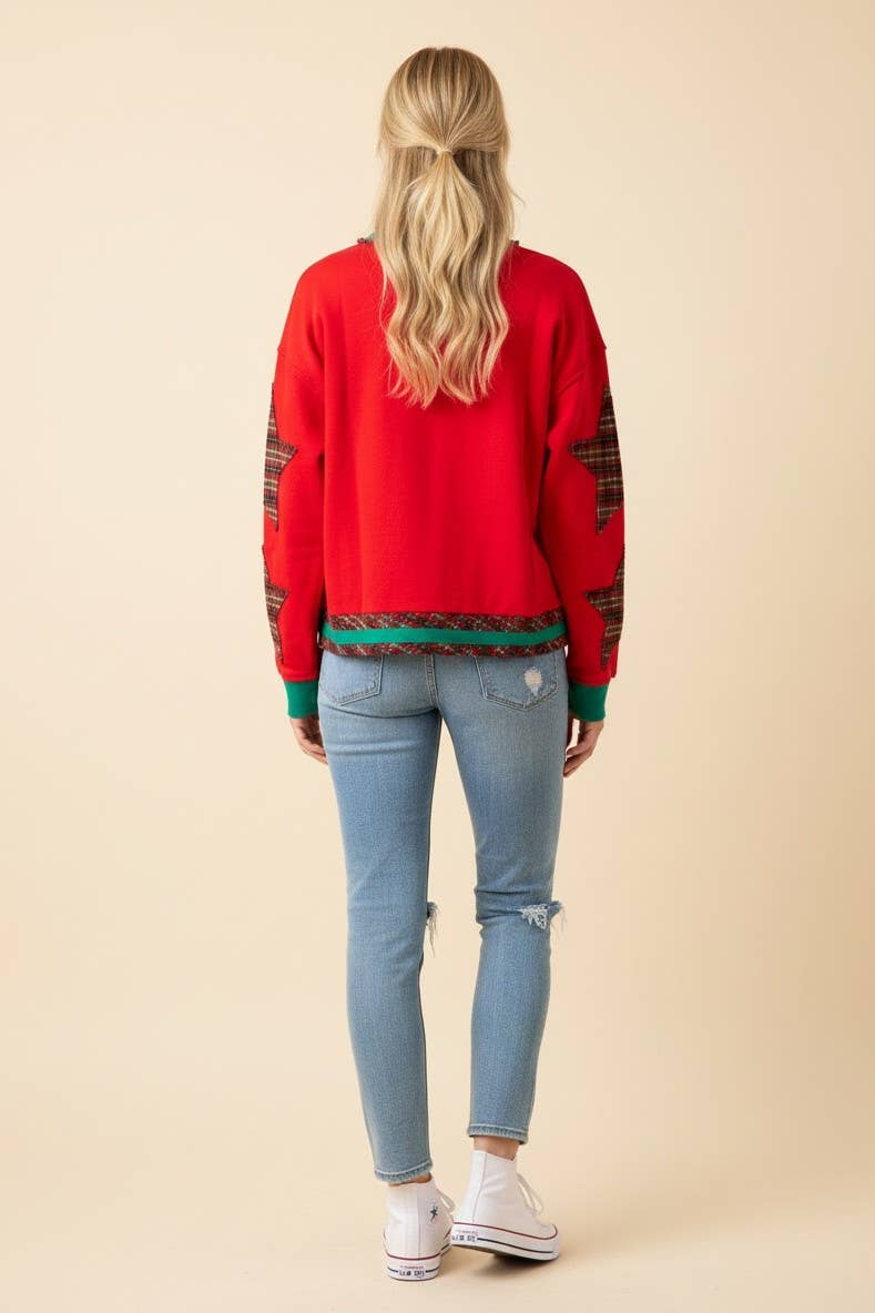 Heimish Christmas Star Plaid Patchwork Contrast Trim Sweatshirt