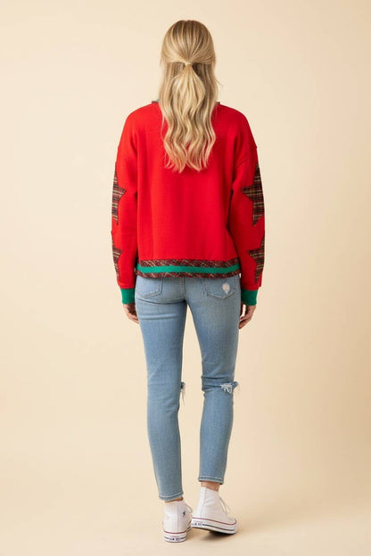 Heimish Christmas Star Plaid Patchwork Contrast Trim Sweatshirt